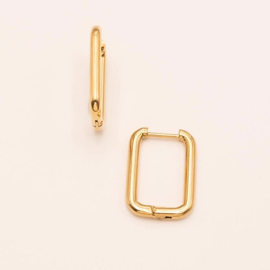 Gold Classic hoop earrings in the shape of a rectangle. made with tarnish free waterproof gold that does not change colour and have a hinge close for a comfortable wear  