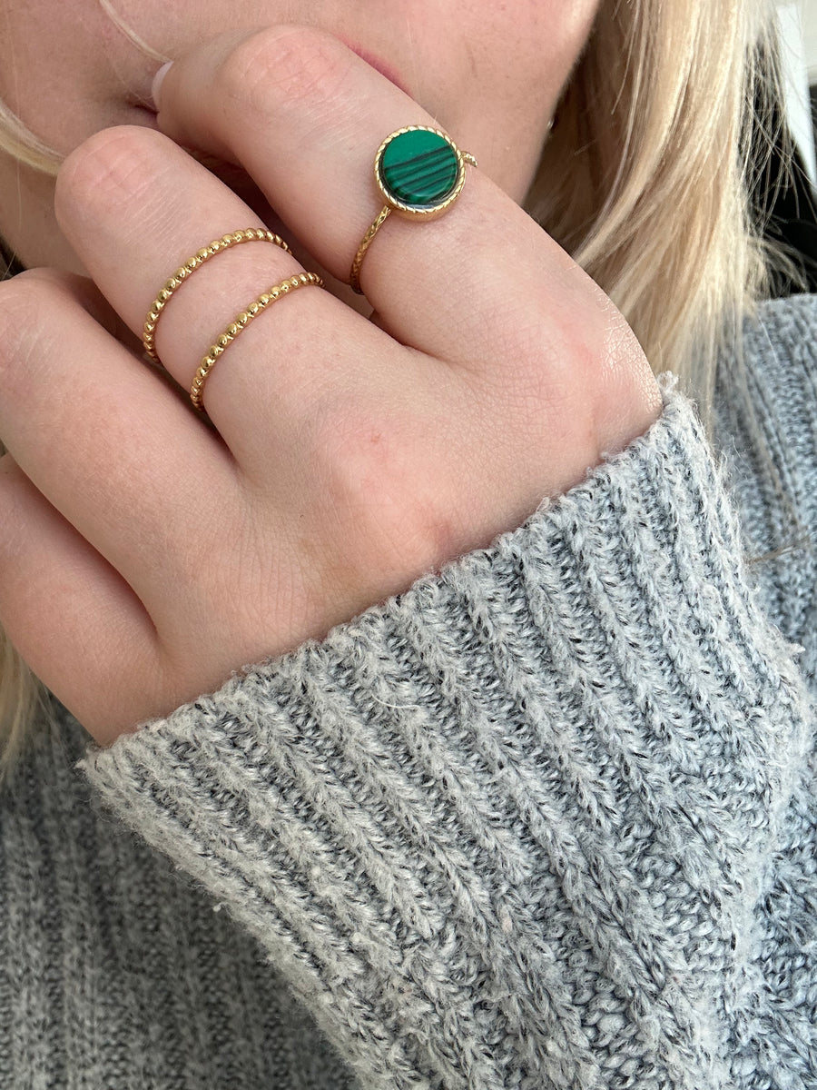 MALACHITE WATERPROOF ROUND LIANA GOLD HEALING GEMSTONE RING