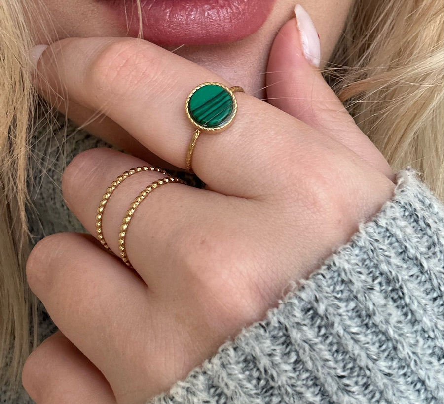 MALACHITE WATERPROOF ROUND LIANA GOLD HEALING GEMSTONE RING